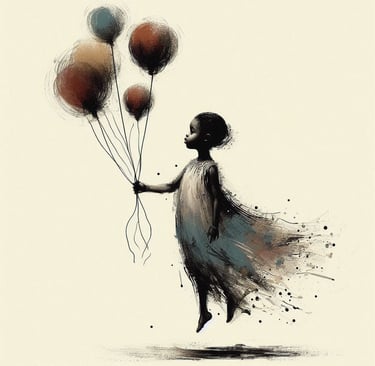 a girl in a dress floating with balloon in her hand