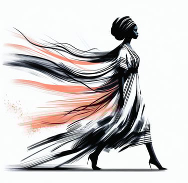 a lady walking with her clothes flowing in the wind