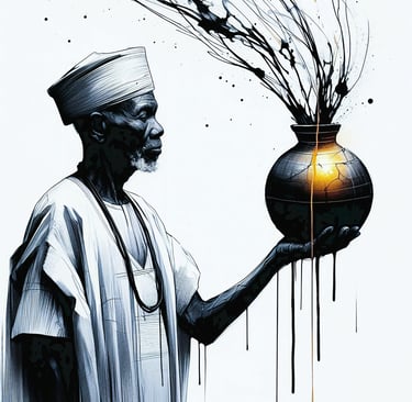 old man holding a calabash in his hand with bright light on it