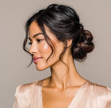 Elegant low bun wedding guest hairstyle with soft tendrils