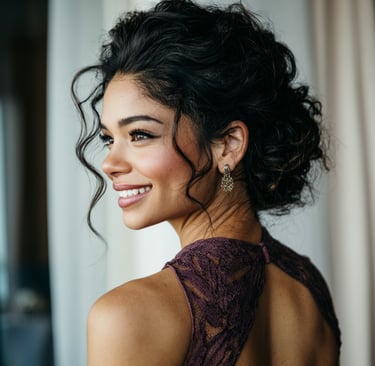 Textured updo wedding guest hairstyle with soft face framing pieces