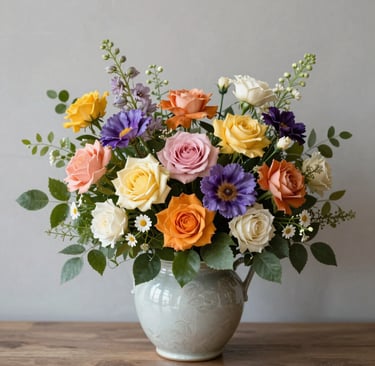 A vibrant bouquet of colorful roses and purple daisies in a ceramic vase on a wooden table.