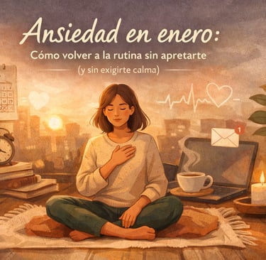 Mujer con la mano en el pecho reconectando con su cuerpo para reconocer señales de ansiedad de forma suave y consciente.