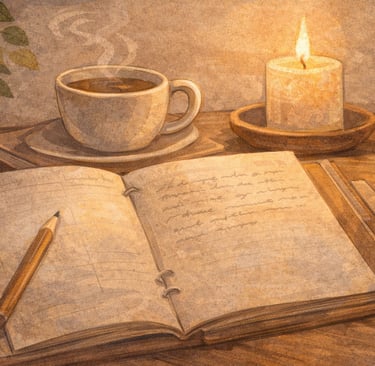 Escena de autocuidado con libreta y bebida caliente como ritual breve para regular la ansiedad y volver al presente.