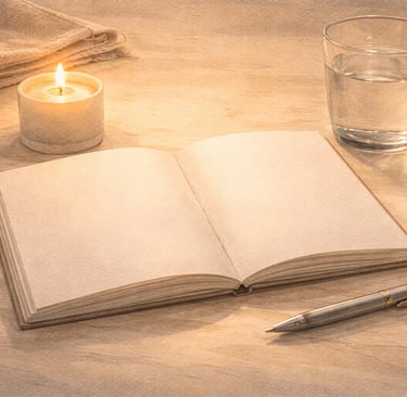 Cuaderno con un bolígrafo un vaso y una vela al lado