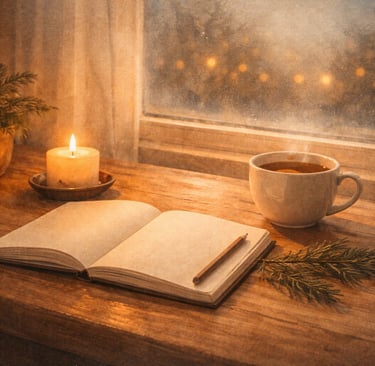 Cuaderno y taza de té junto a una ventana con luz suave