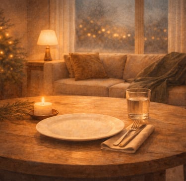 Masa cálida con vela y luz suave. Ambiente tranquilo