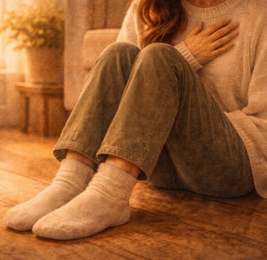 Pies apoyados en el suelo y manos en el pecho con gesto de calma