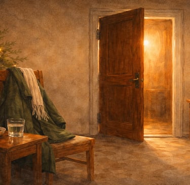 Silla ligeramente apartada de una mesa con luces cálidas