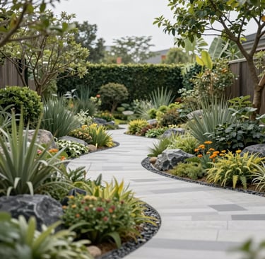 A peaceful backyard featuring lush greenery and a small water feature under the sun.