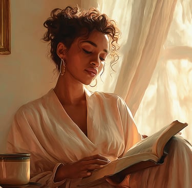 A woman with curly hair reading a book in bed with warm morning sunlight and a cup of coffee.