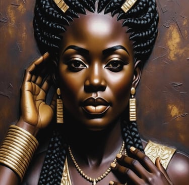 Portrait of a Black woman with intricate braids and gold jewelry in a textured oil painting style.