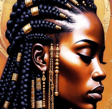 Black woman with intricate braided hair and gold jewelry accessories against a textured gold background.