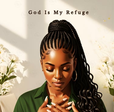 Black woman with braided hair praying with eyes closed and text God Is My Refuge.