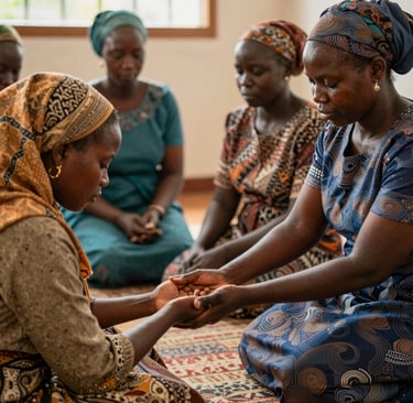 A warm community gathering in Kenya, with people sharing stories and supporting each other.