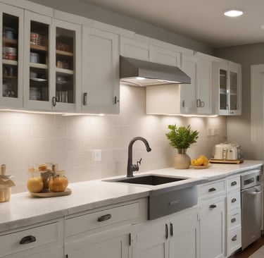 Warm LED strip lighting softly illuminating a modern kitchen cabinet interior.