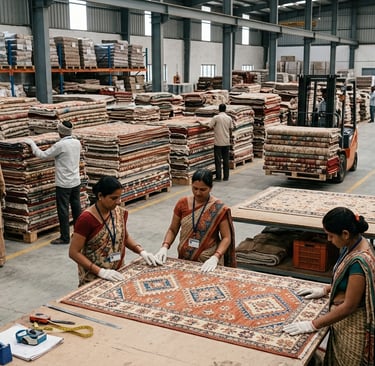 Wide shot of rug manufacturing unit in Panipat India, workers weaving rugs, natural lighting, export