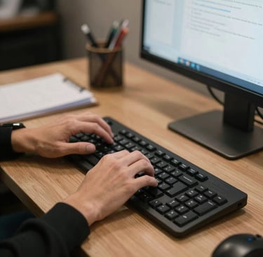 A small business owner working on a laptop with SEO charts on the screen.