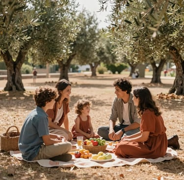Spontaneous shot of a family enjoying a picnic in a sunny park with olive trees, European / Portuguese setting. The composition is candid and warm, capturing genuine emotion and interaction. Soft, cinematic lighting with earthy terracotta and sand tones reflecting a welcoming atmosphere.