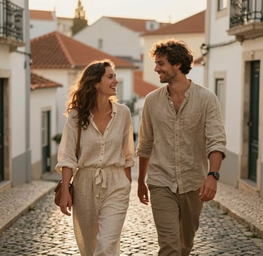 Cinematic lifestyle photography of a young couple laughing while walking through a sun-drenched, narrow cobblestone street in old-town Lisbon, Portugal. Authentic interaction, warm golden hour lighting, dressed in casual sand-colored linens. Soft focus on the background with terracotta tiled roofs.