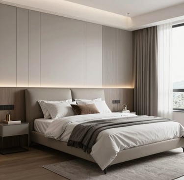 Cozy bedroom with warm lighting and plush bedding.