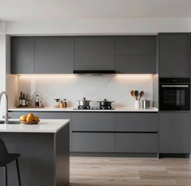 Well-furnished kitchen area in a short-term rental property ideal for professional workers