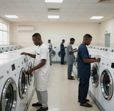 A vibrant display of local African clothes, each carefully packed in colorful polythene covers.