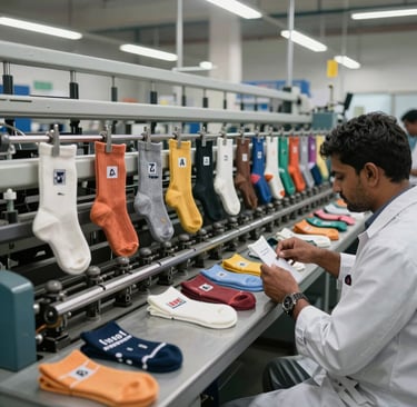 Workers inspecting socks on the production line in a clean, modern factory setting.