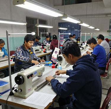 Workers carefully inspecting socks on the production line inside a clean, modern factory.