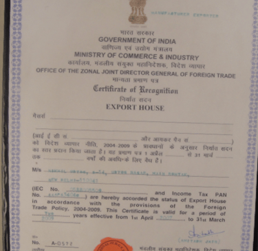 Certificate of Recognition as Export House by Govt of India