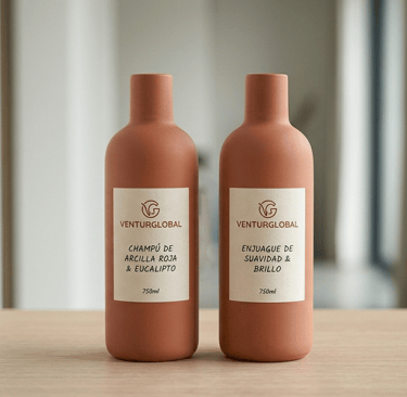 Two terracotta bottles of VenturGlobal red clay shampoo and conditioner on a wooden table.