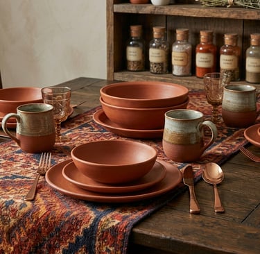 Rustic terracotta dinnerware set on a wooden table with a vintage patterned table runner and copper cutlery.