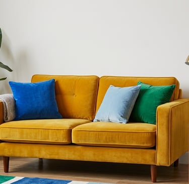Modern yellow velvet sofa with colorful pillows, a gold desk lamp, and a large indoor plant.