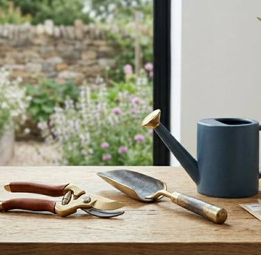 Gardening tools including brass secateurs, trowel, and a blue watering can on a rustic wooden table.