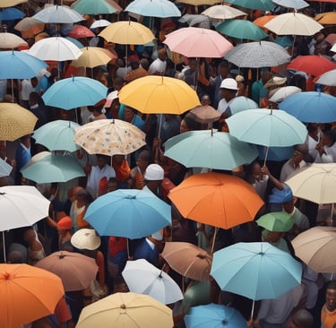 a crowd of people standing around a group of umbrellas