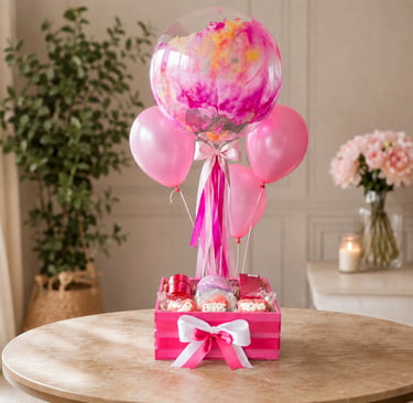 Canasta de regalo rosa con un centro de mesa con globos de mármol y delicias de spa sobre una mesa