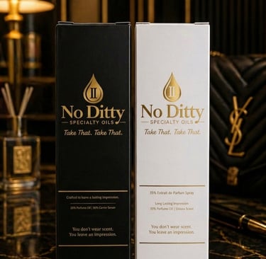 No Ditty 35% Extrait de Parfum spray alongside 25% Extrait/Parfum signature luxury gold-trimmed packaging.