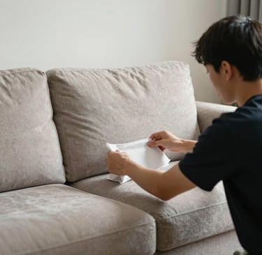 A person folds a white cleaning cloth on a beige fabric sofa at home.
