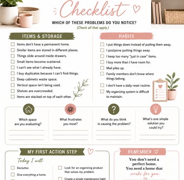A home organization trouble spot checklist worksheet for decluttering and improving storage habits.