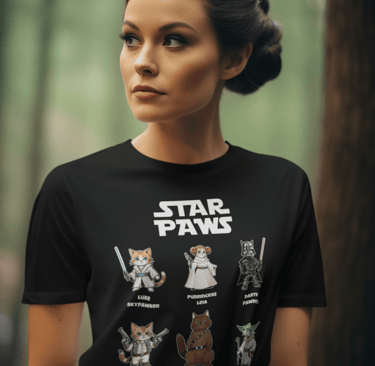 mulher parecia dom a leia com t-shirt de star wars de gatos