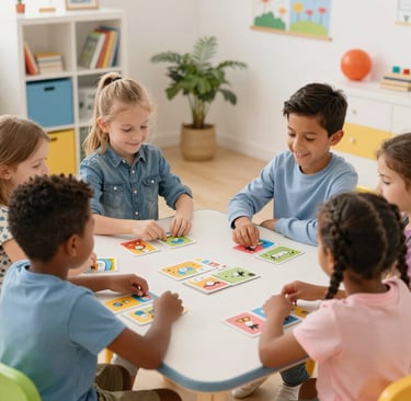 Children sitting around a small table, smiling as they engage with colorful therapeutic card games in a bright, cozy playroom.