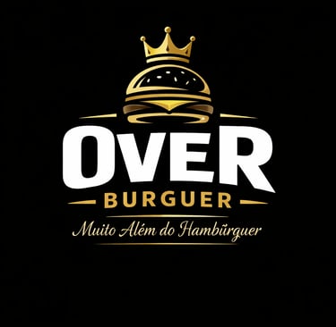 Over Burguer logo featuring a golden hamburger with a crown on a black background.