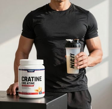 Close-up of a vibrant green creatine supplement container with natural light highlighting the label.