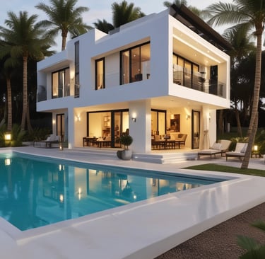 A cozy villa with a tiled roof and a small garden in front.