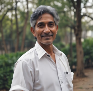 Portrait of a smiling middle-aged man in casual attire, standing in front of a modern apartment building.