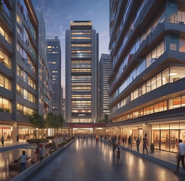 A commercial building with glass facade and signage space in a busy street.