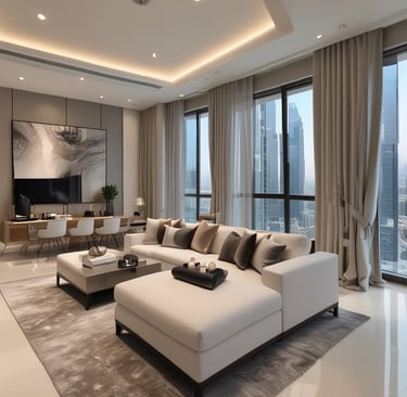 A high-rise apartment building with balconies overlooking a bustling cityscape at sunset.