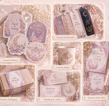 custom design and printing services collage featuring stickers, bookmarks, mugs, and branded product