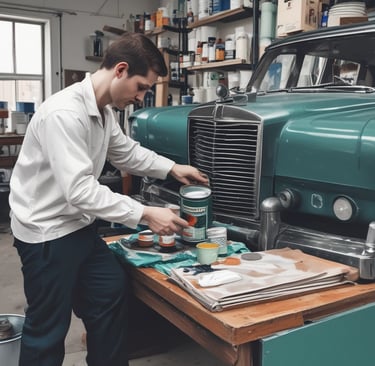 A vibrant display of automotive and home paint cans arranged neatly on shelves.