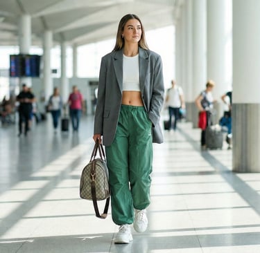 Stylish woman walking in an airport terminal wearing a celebrity-inspired athleisure outfit .